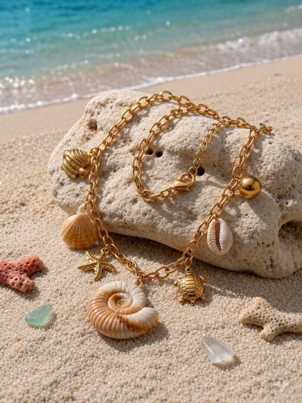 18K Gold Plated Faux Shell Mermaidcore Charm Necklace Turtle Starfish 15.5" - Picture 13 of 15